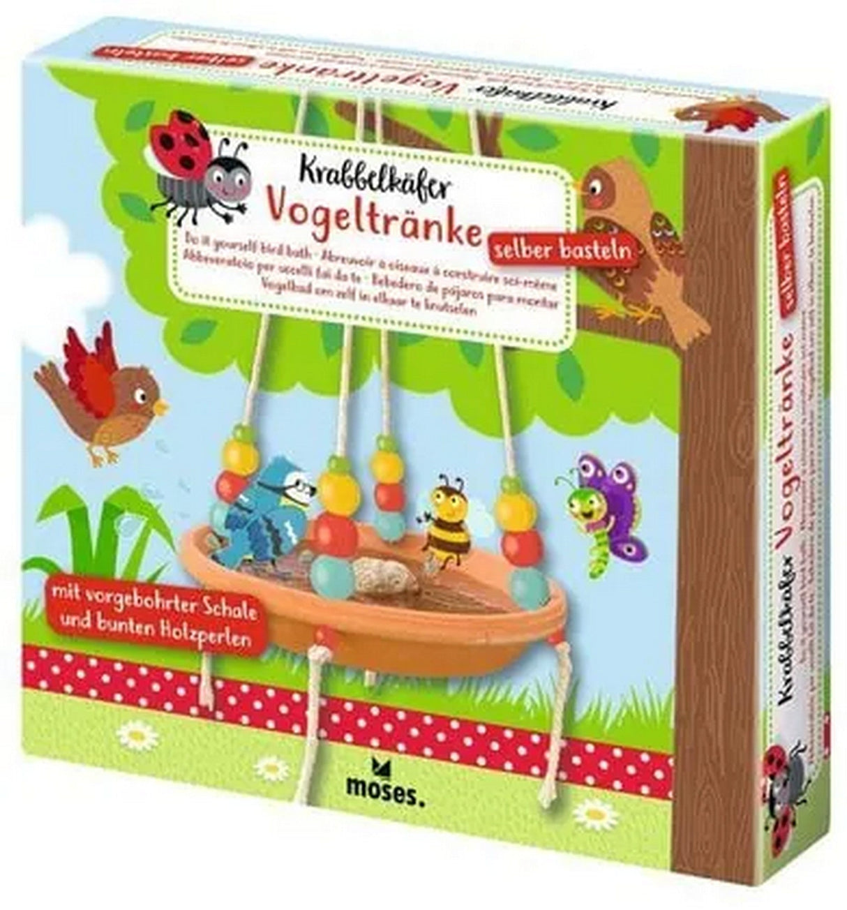 Krabbelkäfer Vogeltränke zum Selbstgestalten mit bunten Holzperlen und Baumwollschnüren, vogelbad für Balkon und Garten