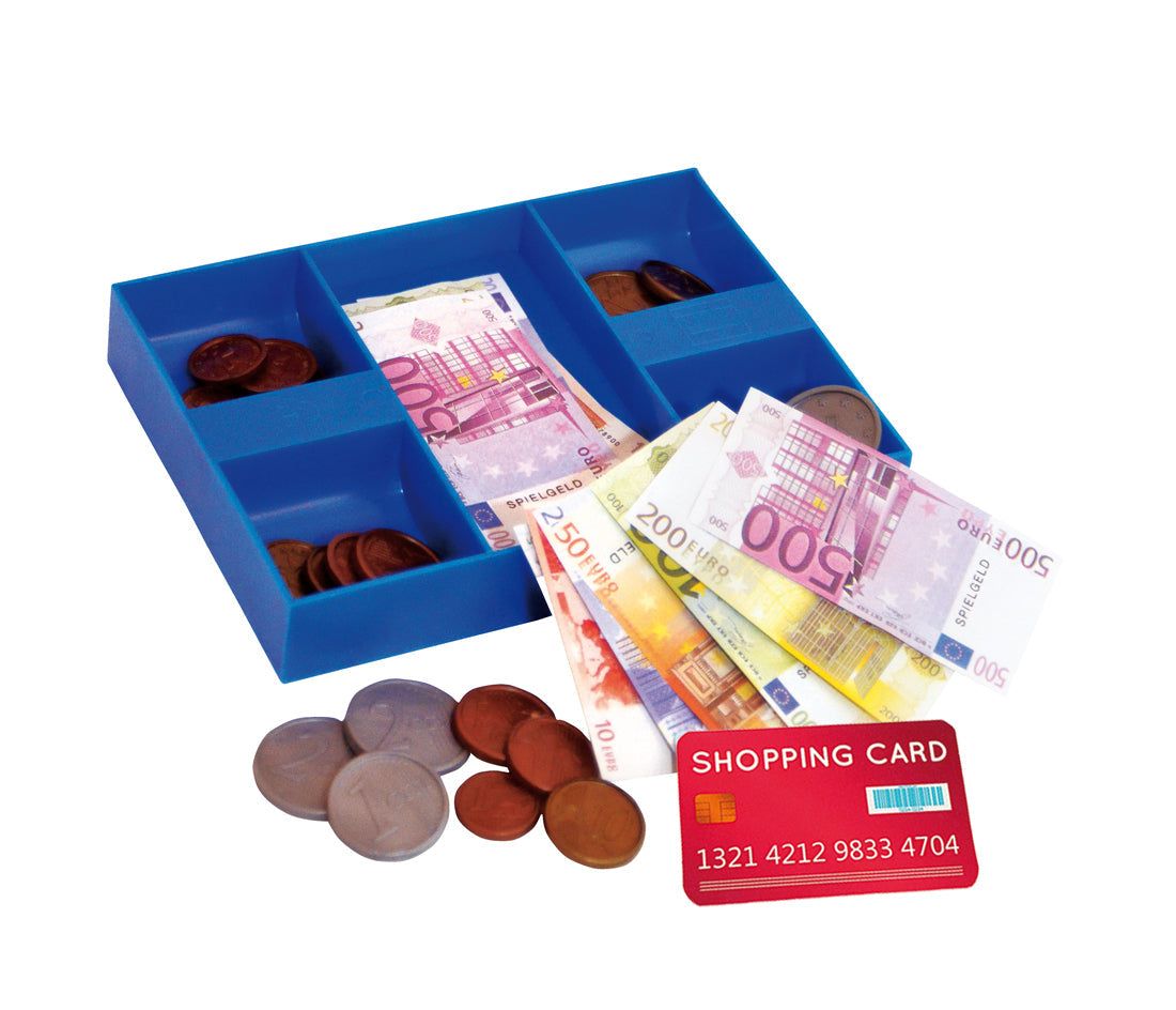 Geldkassette mit Eurospielgeld inklusive Scheinen, Münzen und scannbarer Shopping Card für spielerisches Lernen
