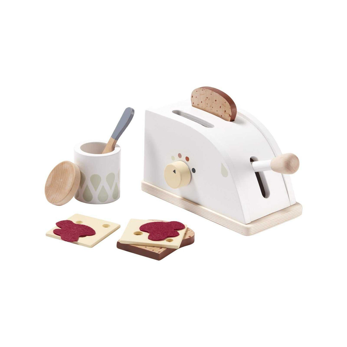 Kids Concept Toaster Set with bread, jam, butter, cup, and knife for children aged 3 and up