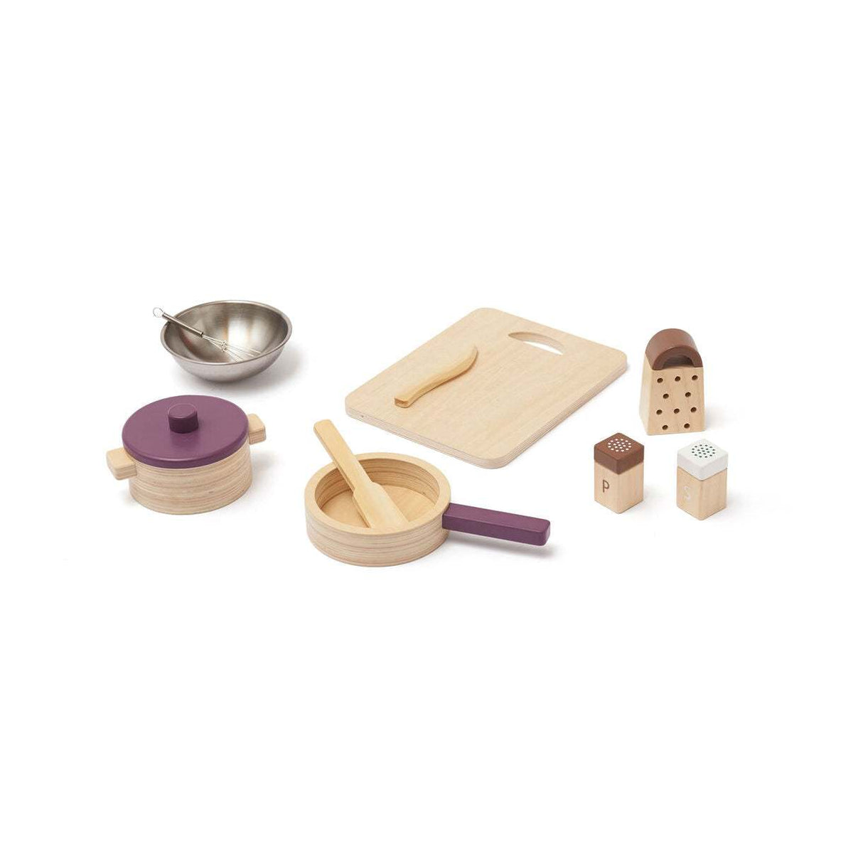 Holz-Kochset Bistro Kinderküche aus Holz mit Topf Pfanne Schneidebrett und Zubehör in Violett