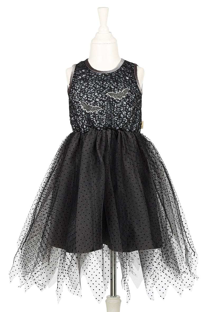 Schwarzes Kleid Mathilde mit Glitter und Fledermausapplikationen für Kinder 8-10 Jahre