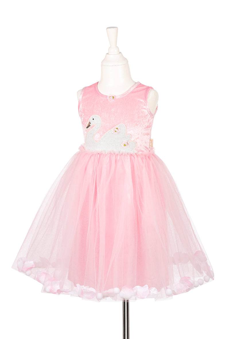 Mädchen trägt Schwanen-Kleid mit glitzerndem Schwan und Rosenblättern für 5-7 Jahre