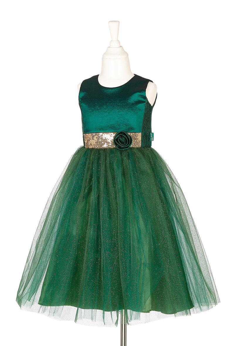 Grüngoldenes Kleid Luisa 3-4 Jahre mit Tüllüberrock und goldener Paillettenschärpe von Souza Kids