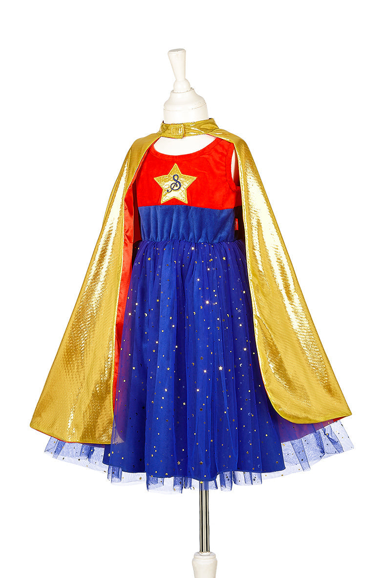 Superheld Mädchen im goldenen Cape mit Stern, Superhelden Kostüm für 5-7 Jahre