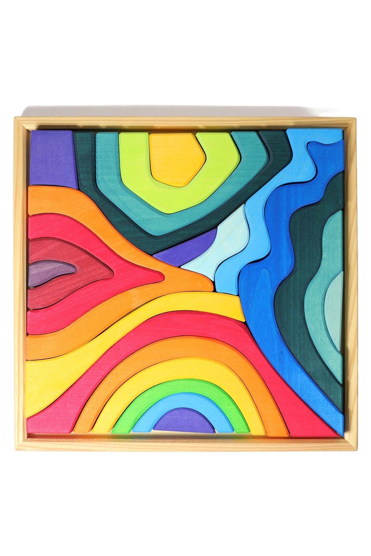 Vier Elemente Baukasten von Grimms mit 23 farbenfrohen Holzbausteinen im Rahmen für kreatives Bauen ab 3 Jahren