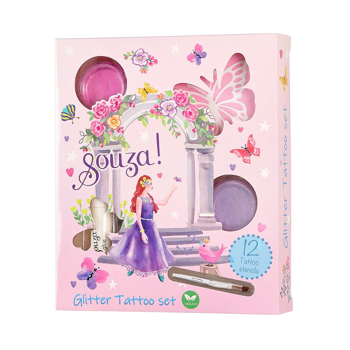 Veganes Glitzer Tattoo Set Prinzessin Kinder Glitzertattoos mit Schablonen und Pinsel in rosa Verpackung
