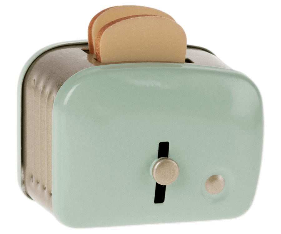 Nostalgischer mintfarbener Puppenhaus Toaster aus Metall mit Mini Toast, handbemalt, 4,5x4,5x5 cm