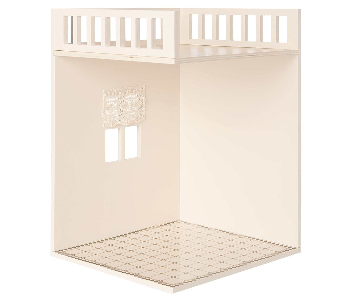 Miniatur Haus Badezimmer aus FSC-Holz mit dekoriertem Boden und Vorhängen, Puppenhaus-Zusatzraum