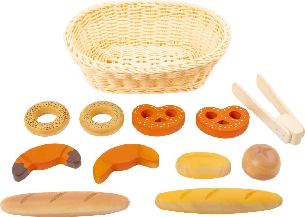 Kinderspiel Brotkorb-Set aus Holz mit Zange und Backwaren für Rollenspiele und motorische Förderung