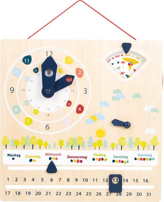 Lerntafel Educate Lernuhr aus FSC Holz mit Kalender, Wetter, Wochentagen und 15 Sprachen für Vorschulkinder