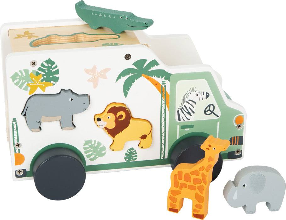 Holz-Steckspiel Spielauto Safari mit tierförmigen Steckfiguren und Safarimotiv für Kinder ab 12 Monaten