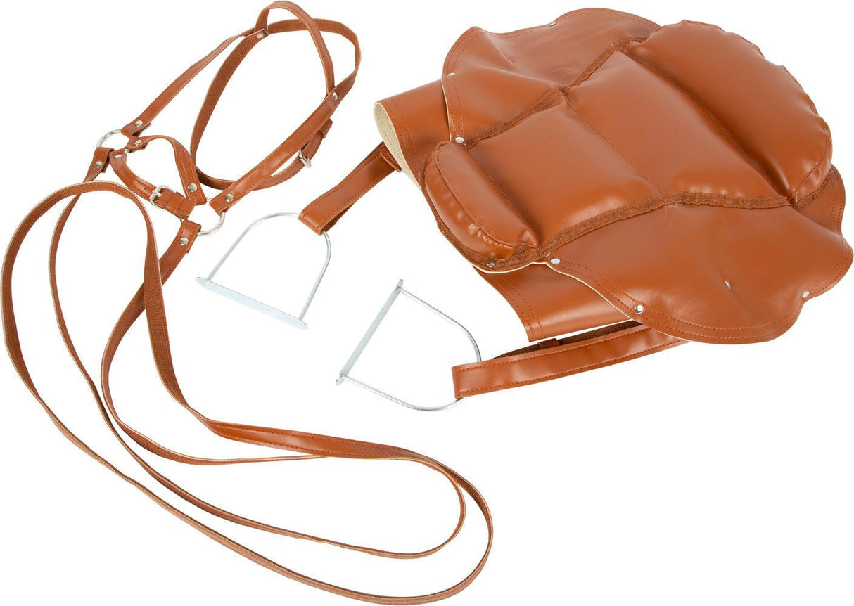 Kindersattel und Zaumzeug-Set aus Kunstleder für Holzpferd, mit verstellbarem Sattelgurt und Metallsteigbügeln