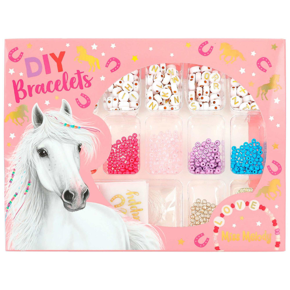 Miss Melody DIY Armbänder Schmuckset mit bunten Perlen, Buchstabenperlen und goldenen Anhängern für kreative Mädchen