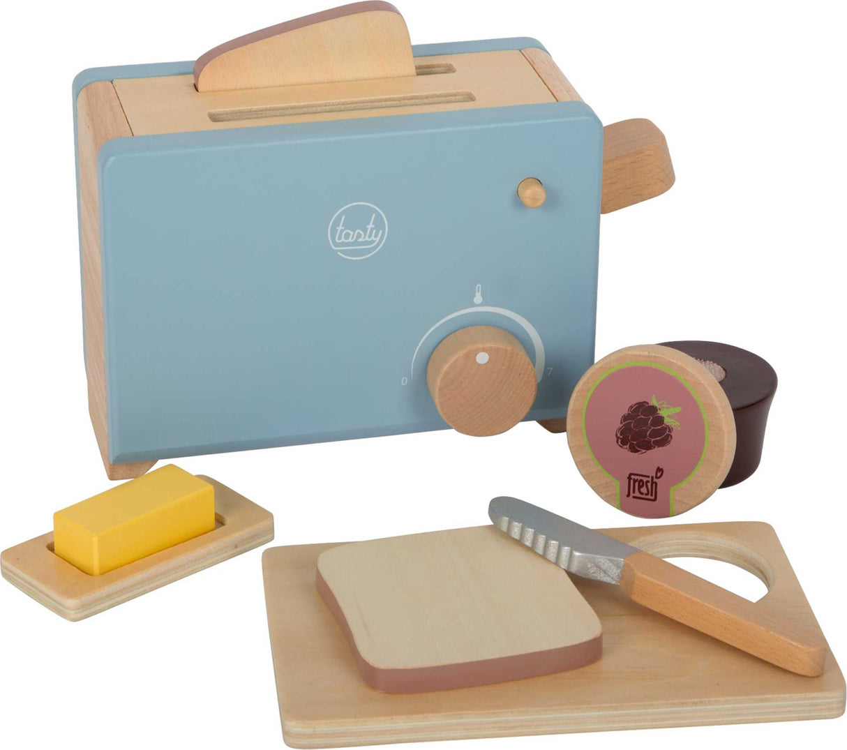 Holz-Toaster-Set Tasty mit Pop-up-Funktion und Zubehör für kinderspielküchen ab 3 Jahren