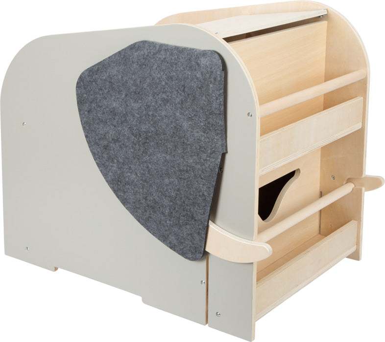 Spielzeugbox mit Sitz in Elefantenform aus Holz und Filz mit integriertem Stauraum und verdeckten 360° Rollen