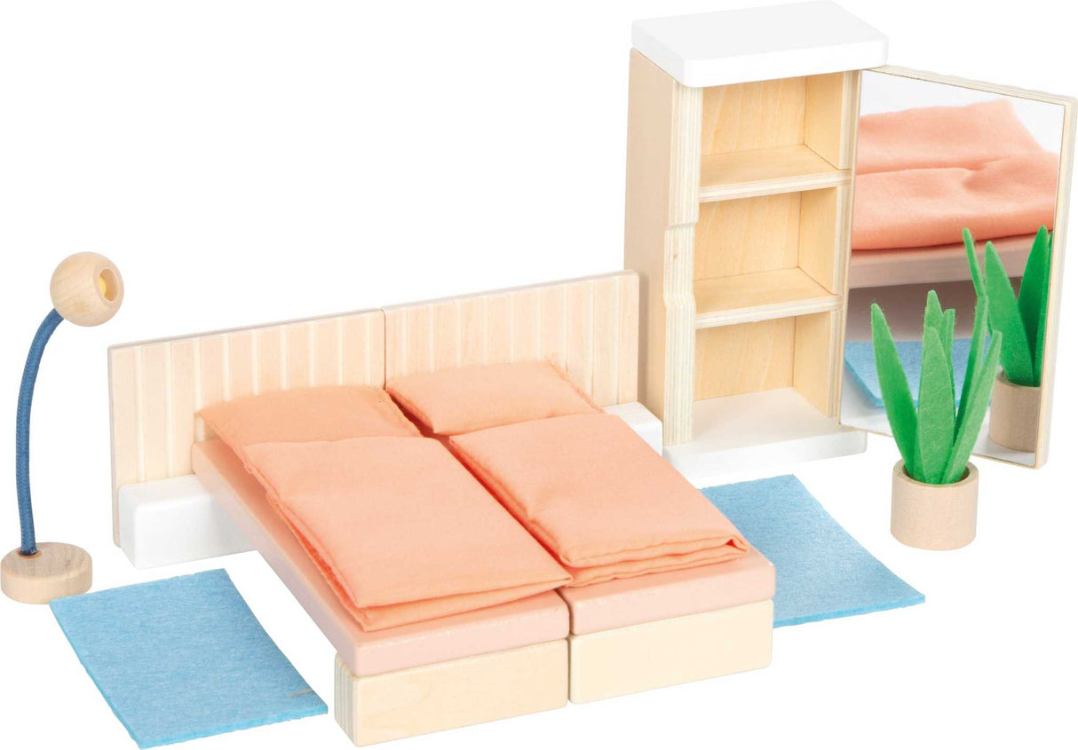 Puppenhausmöbel Schlafzimmer mit flexiblen Betten, Schrank, Lampe, Teppichen und Pflanze für kindgerechtes Spielen