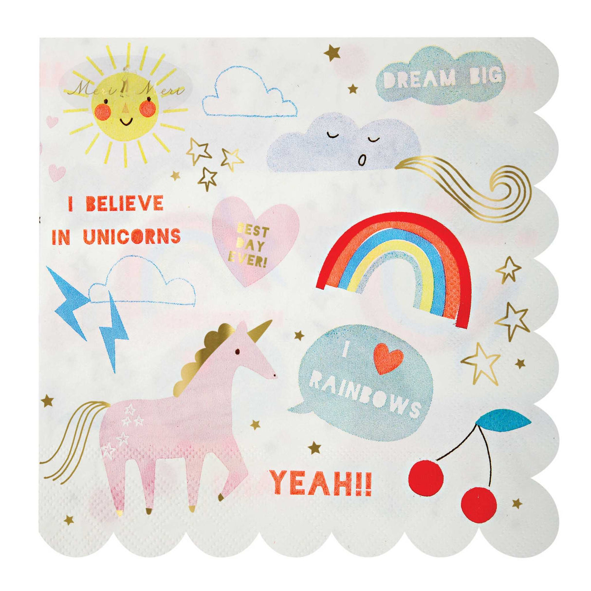 I Believe in Unicorns Servietten mit bunten Glitzer-Einhörnern und Goldfolienakzenten