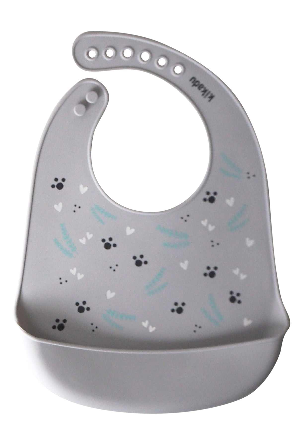 Silikon Lätzchen Panda in Silber Grau mit Auffangschale und verstellbarem Nackenband, BPA-frei und spülmaschinenfest.