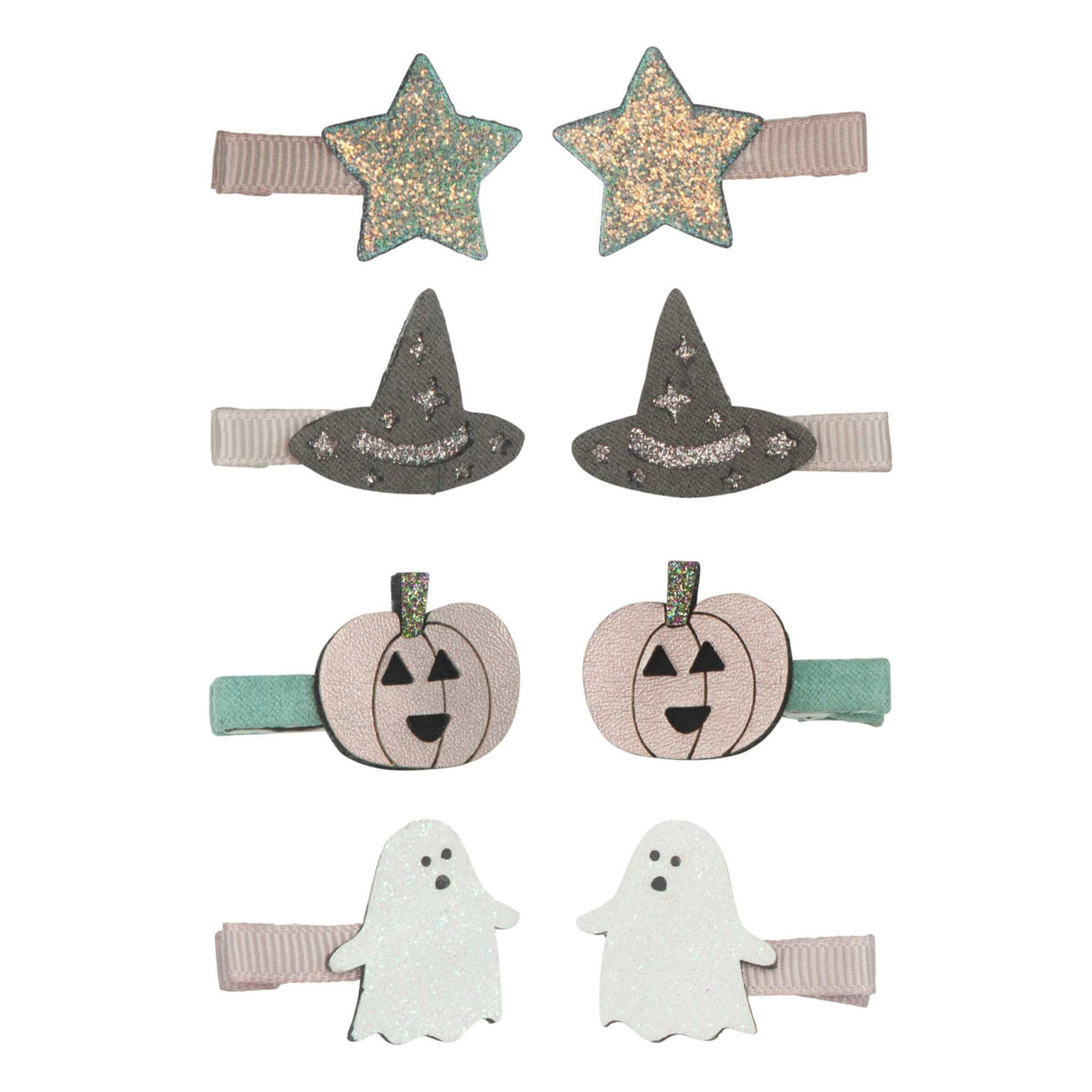 Haarspangen Halloween Clips mit Kürbissen, Geistern und Hüten aus Kunstleder, 8er Pack, 3 cm Krokodilklemmen