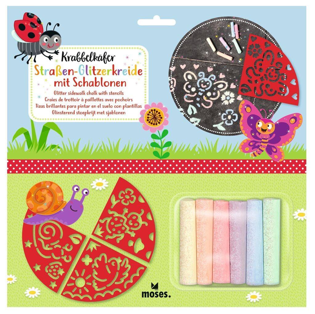 Bunte Straßen-Glitzerkreide mit Schablonen und 6 Glitzerkreidestücken für kreative Kinderkunst auf Gehwegen