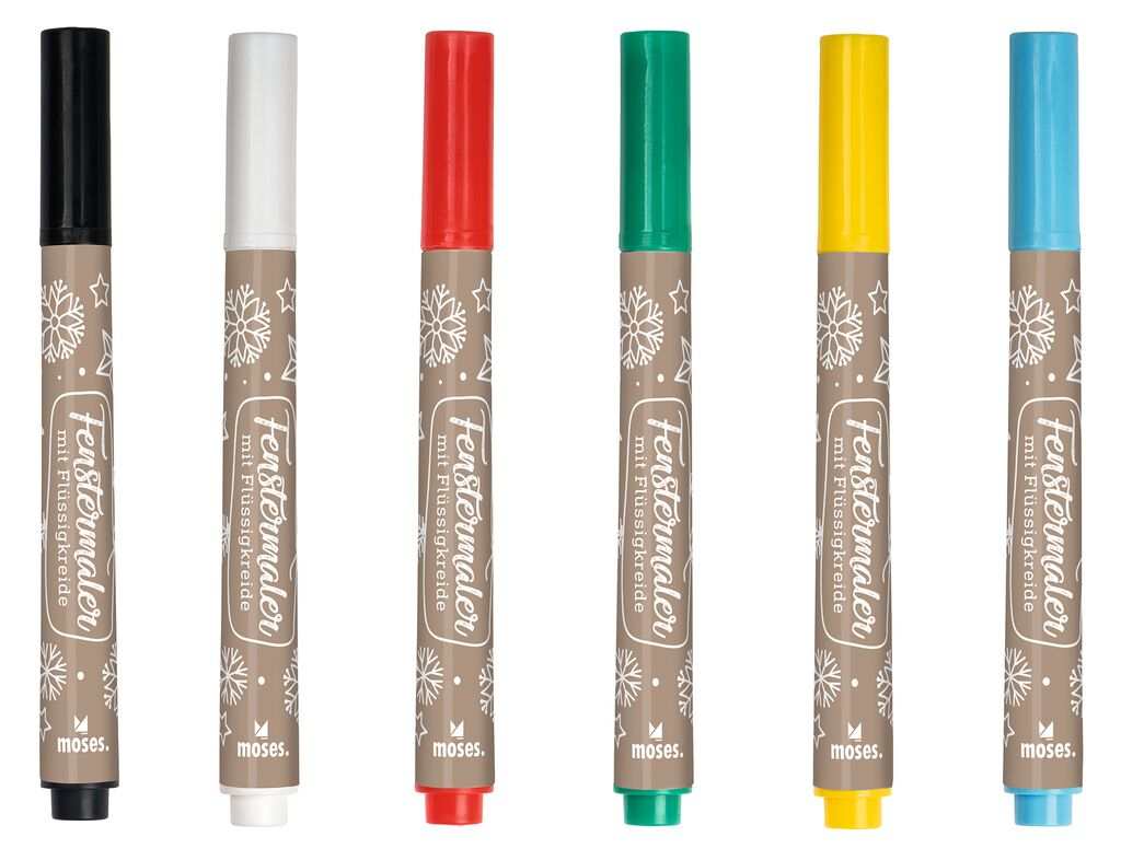 Fenstermaler Winterwunder 6er Set mit schwarzen, weißen, roten, grünen, gelben und blauen Stiften für kreative Fensterdekorationen.