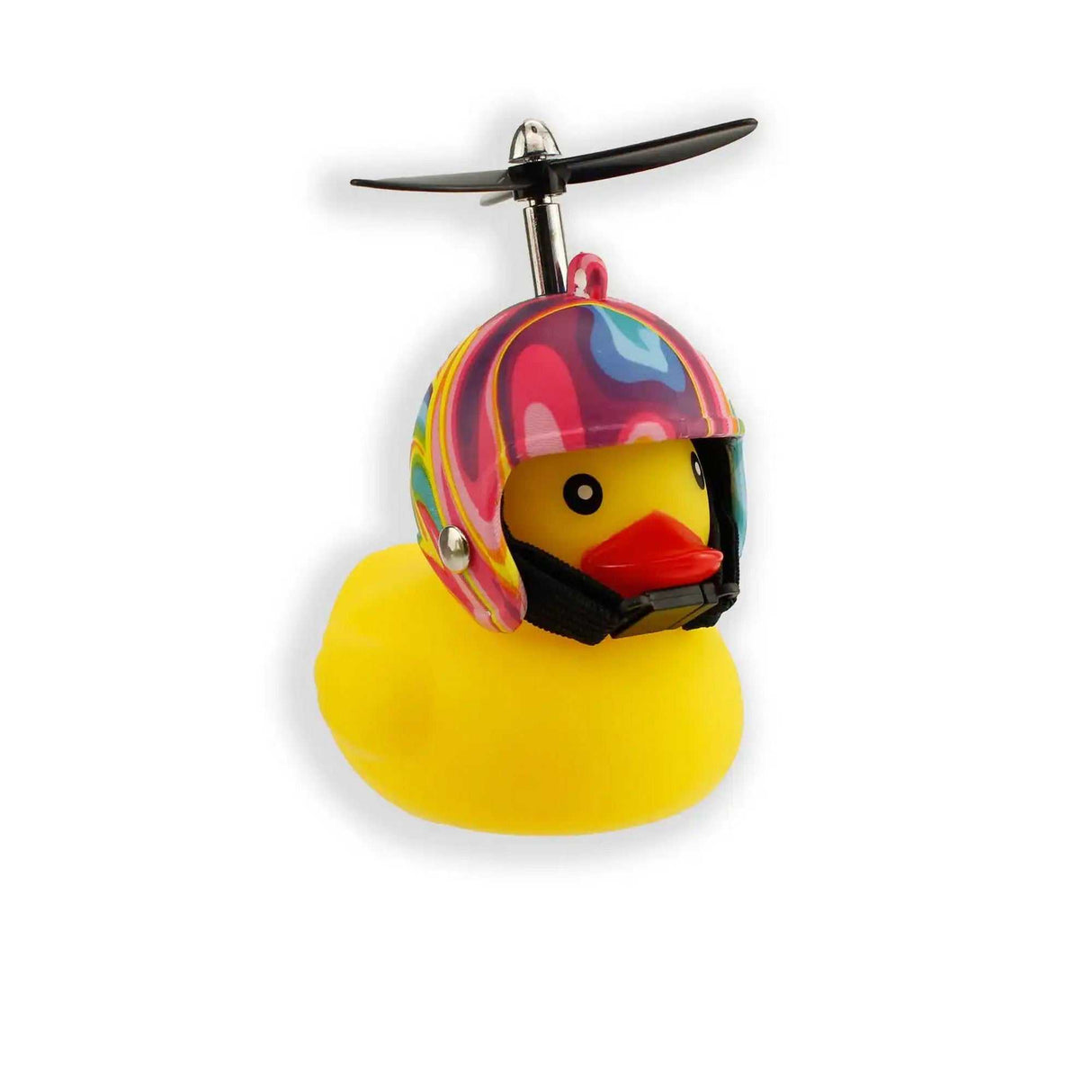 Fahrrad-Quietscheentchen mit Helm und Propeller an Fahrradlenker befestigt
