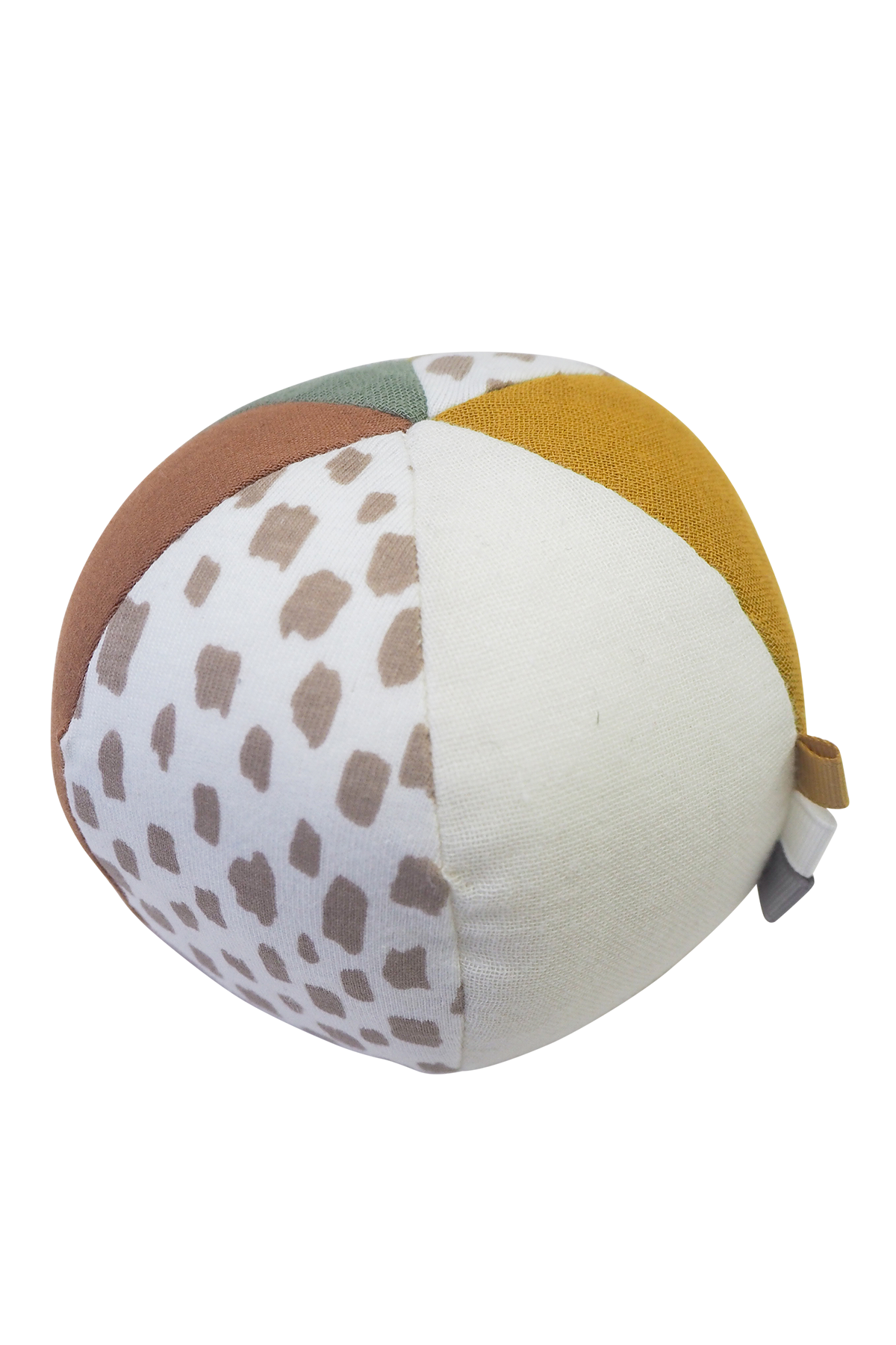 Rasselball Giraffe aus Biobaumwolle mit Glocke und bunten Schlaufen, fördert Babys Feinmotorik.
