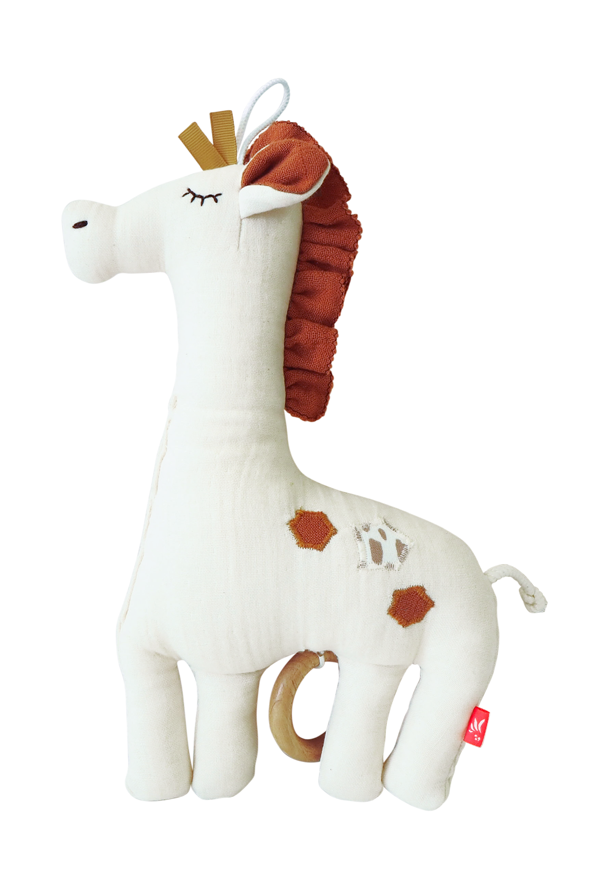 Kleine Spieluhr Giraffe aus 100% Biobaumwolle mit sanfter Brahms Wiegenmelodie und anziehbarer Hose.