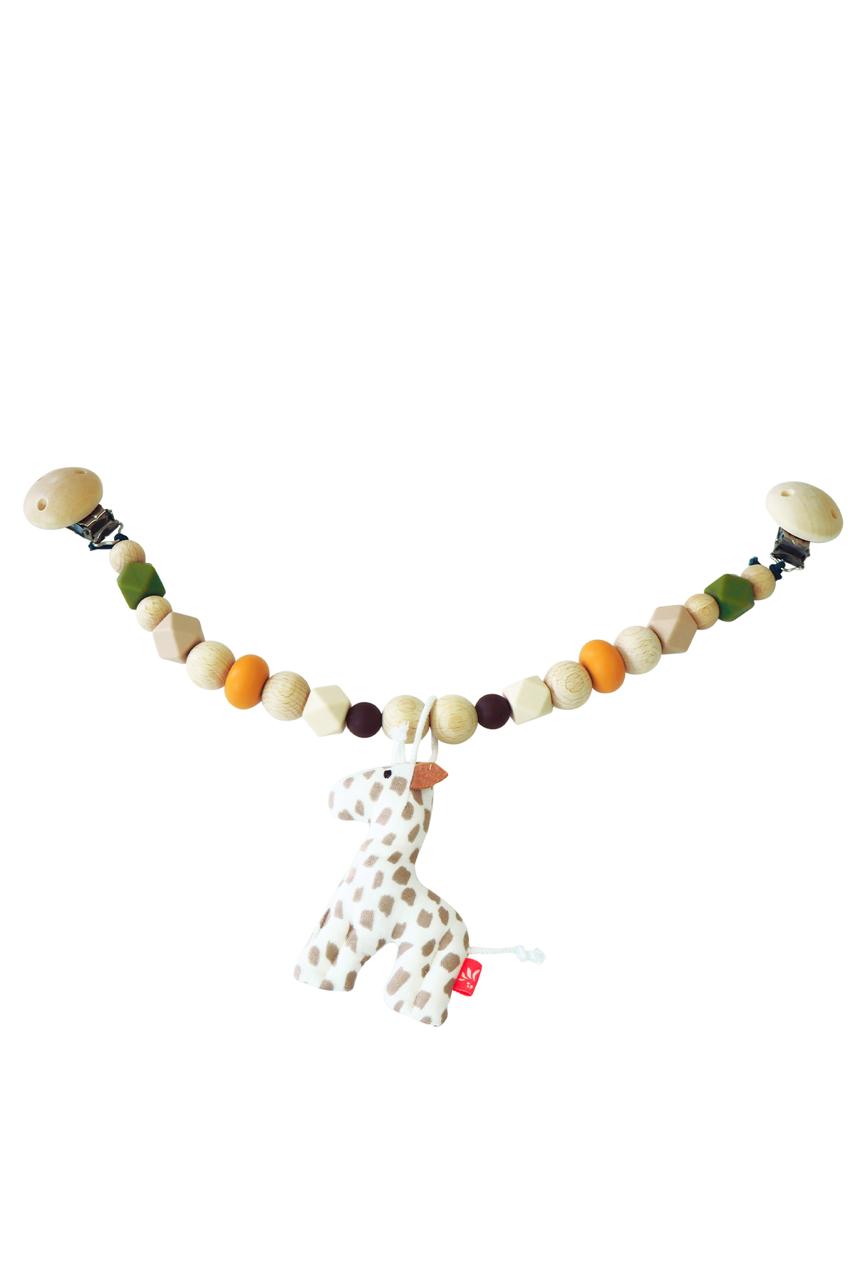 Kinderwagenkette Giraffe mit bunten Holz- und Silikonperlen und Mini-Giraffe Rassel für Babys im Kinderwagen