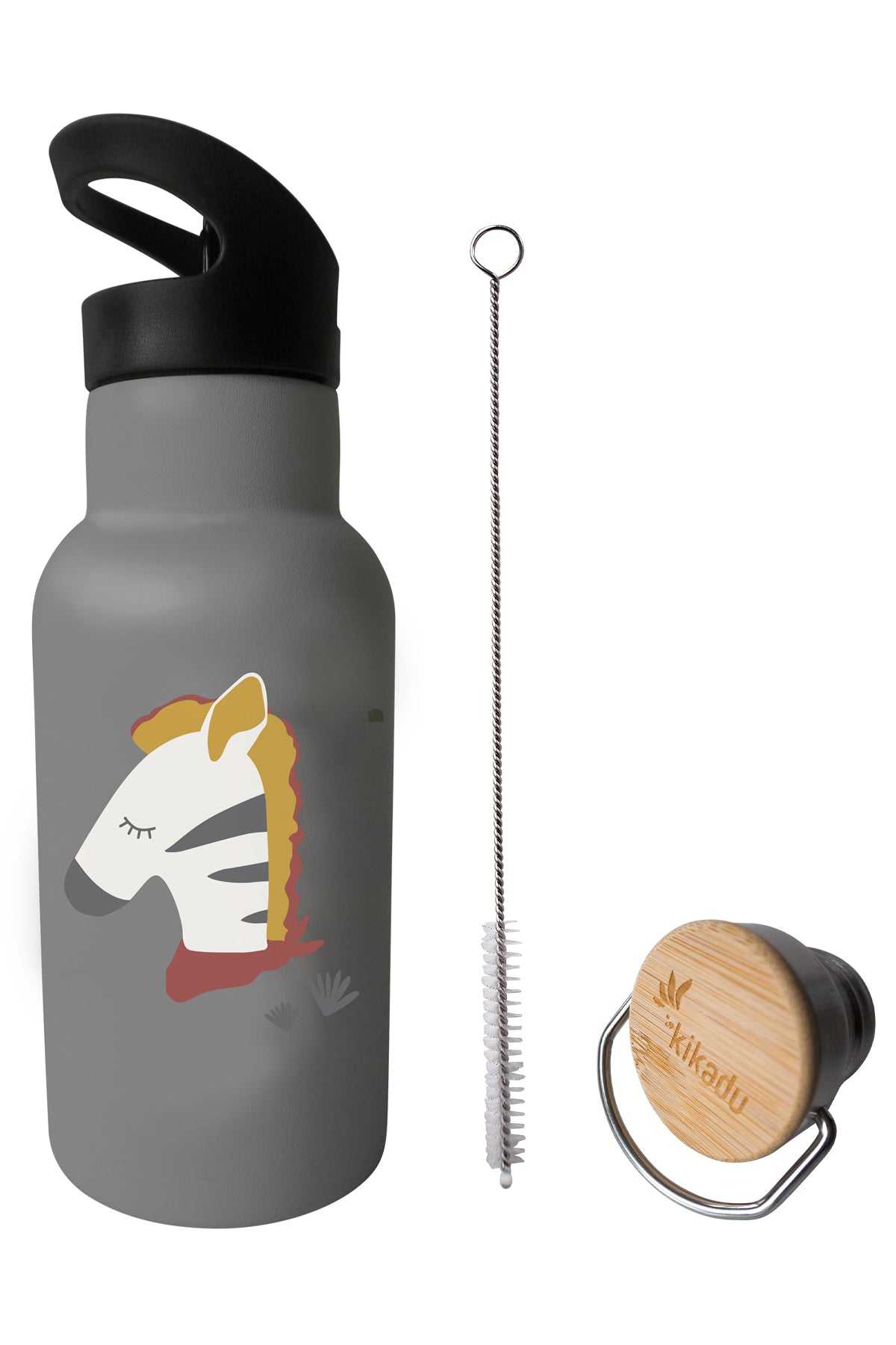 Trinkflasche Zebra Grau aus Edelstahl mit doppelwandiger Isolierung und zwei auslaufsicheren Deckeln für Kinder.