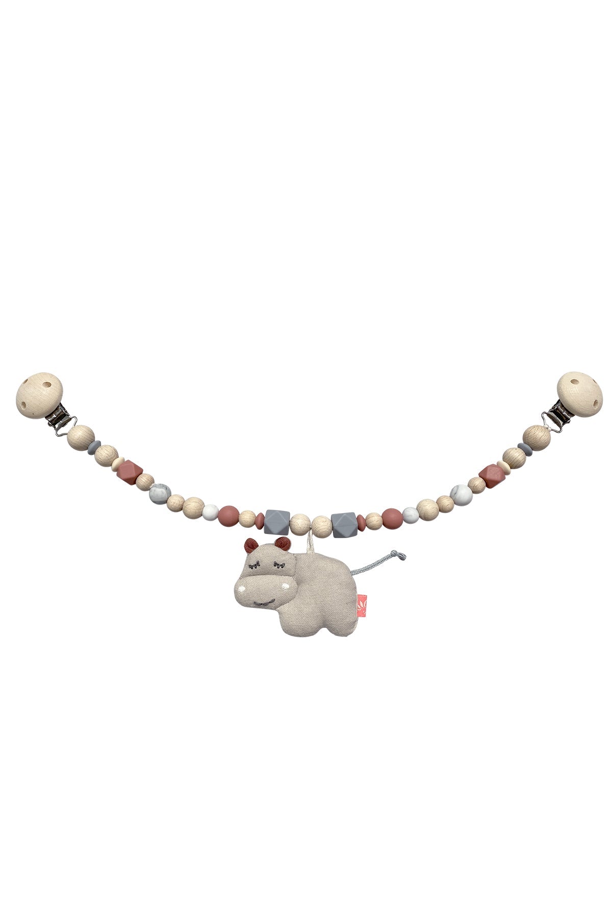 Kinderwagenkette Hippo mit Hippo-Anhänger und Holzclips zur sensorischen Stimulation für Babys ab 0-12 Monate