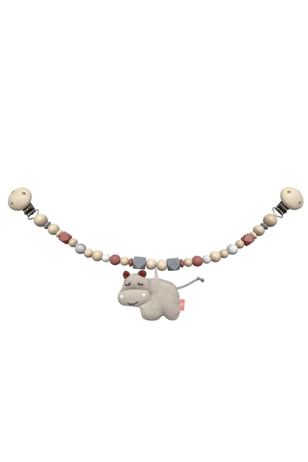 Kinderwagenkette Hippo mit Hippo-Anhänger und Holzclips zur sensorischen Stimulation für Babys ab 0-12 Monate