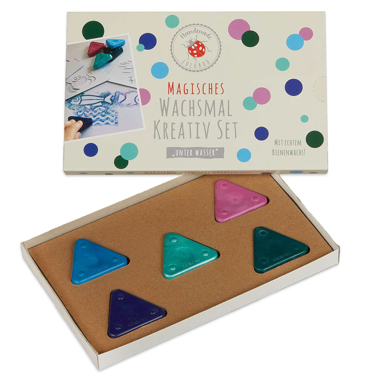 Magisches Wachsmal-Kreativ Set mit bunten Wachsmal-Dreiecken und Unterwasser-Schablonen für Kinderkunst