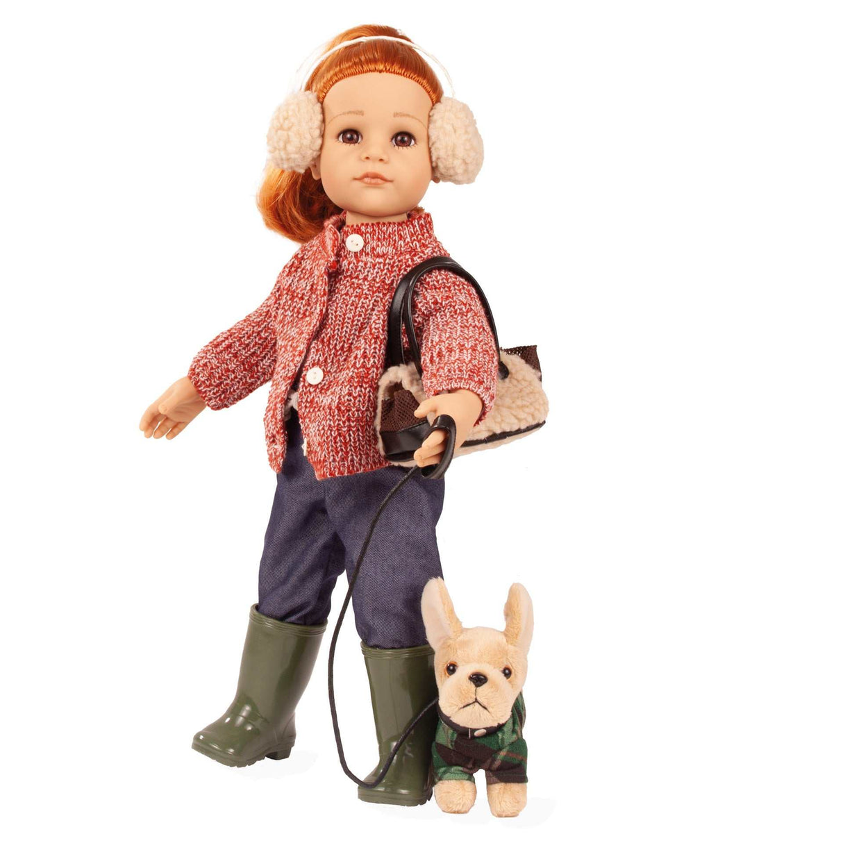 Hannah und ihr Hund Stehpuppe mit rotem Haar, Winteroutfit und Hund zum Spielen