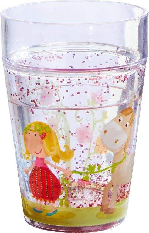 Glitzerbecher Vicki & Pirli mit Prinzessin und Pferd Motiv, kinderfreundlich, glitzernd, BPA-frei, 150 ml