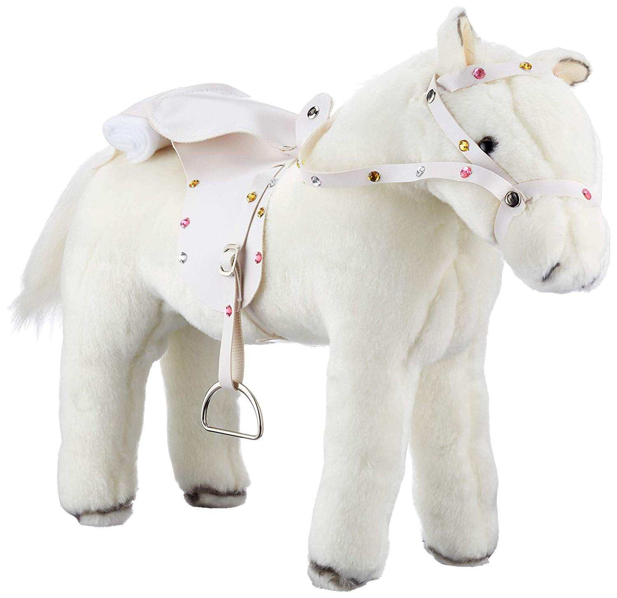 Plüschpony Pferd weißer Blitz mit Soundmodul, Glitzersattel und Zaumzeug, biegsam und posierbar, ideal für Puppen bis 50 cm