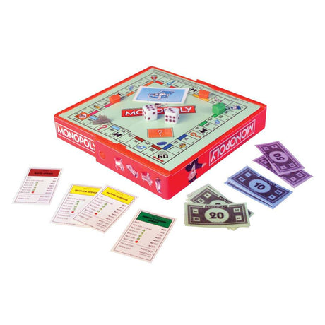 World's Smallest Monopoly compact travel board game with tiny dice, money, cards, and pieces in a small box