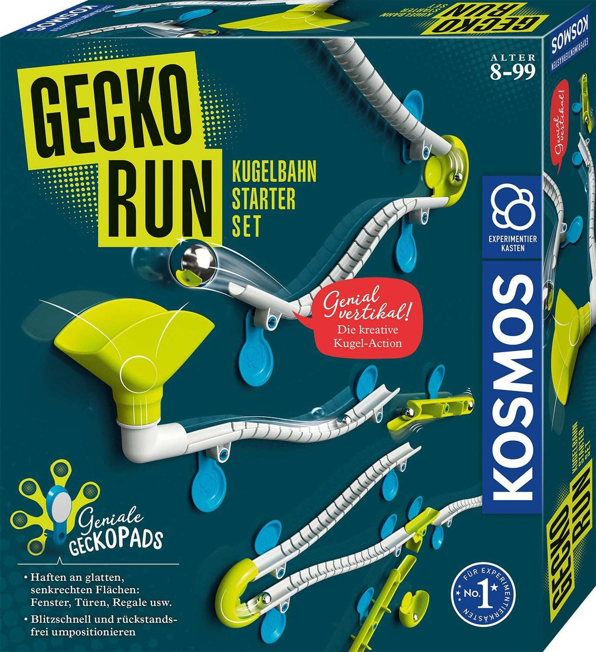 Gecko Run Starter-Set Kugelbahn mit Nano-Haftpads an glatten Oberflächen befestigt