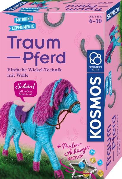 Buntes Traumpferd aus Wolle und Filz mit Mini-Sattel und Perlen, bastelbarer Pferdeanhänger für Kinder