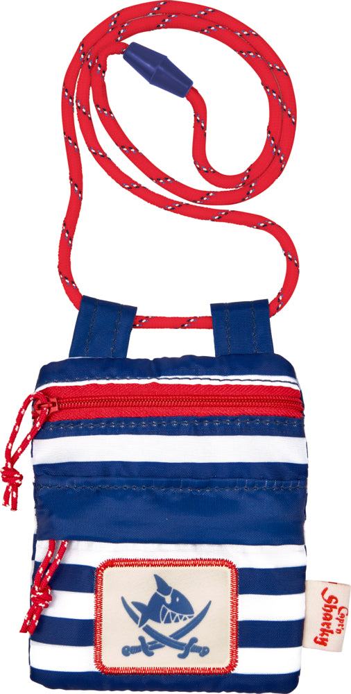 Blau-weiß gestreifter Brustbeutel Capt'n Sharky mit Piratenmotiv und rotem Reißverschluss