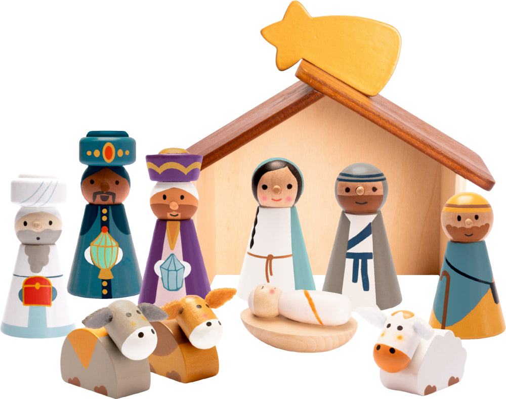 Holzkrippe Weihnachtskrippe aus Holz mit bemalten Figuren und Stall im Weihnachtswald