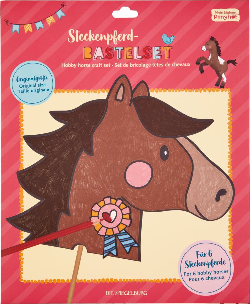 Steckenpferd-Bastelset für Kinder mit sechs DIY-Pferden und bunten Kokarden.