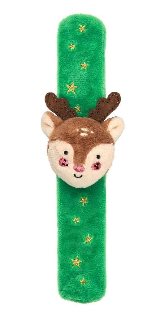 Plüschiges Glitzer-Schnapparmband mit Rentiermotiv und funkelnden Sternen auf grünem Kuschelstoff, kinderfreundliches Armband zum Schnappen und Tragen