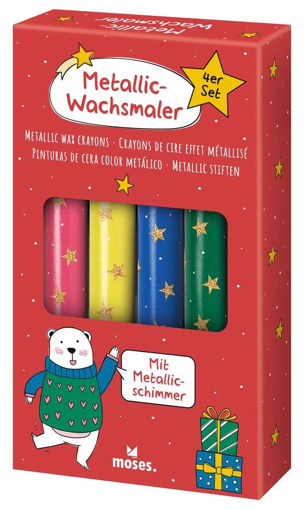 Metallic Wachsmaler set with four colorful metallic wax crayons in festive red packaging by Moses