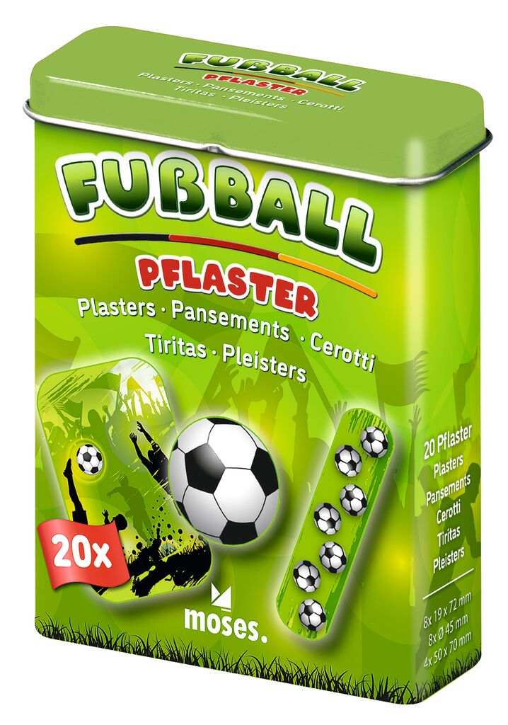 Fußball Pflaster in Metallbox mit 20 Stück und verschiedenen Motiven für kleine Verletzungen beim Spielen