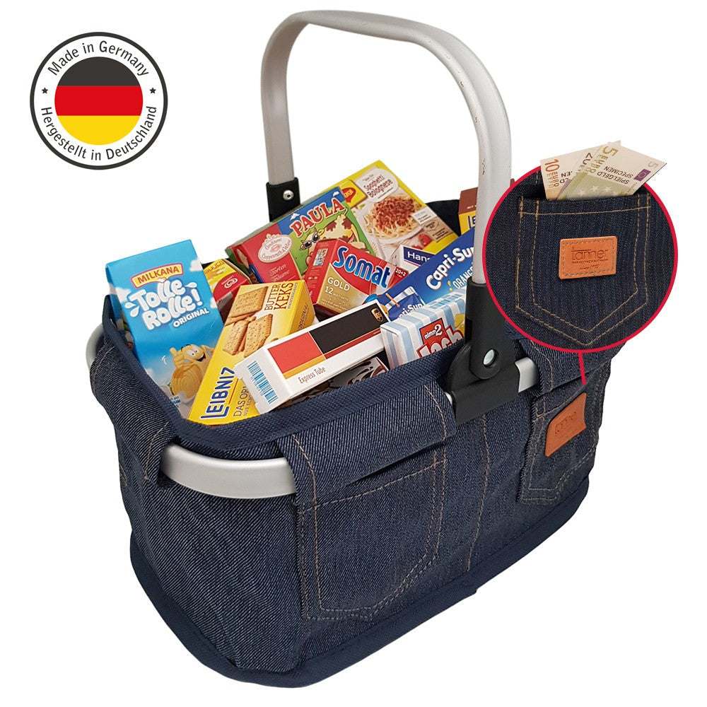 Einkaufskorb aus echtem Jeansstoff mit Taschen und Lederemblem, gefüllt für Kinder-Rollenspiel