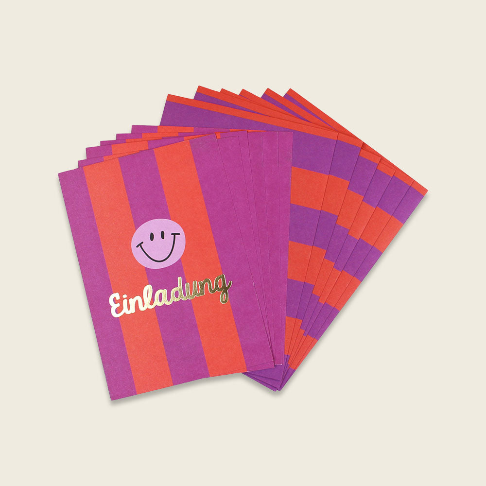 Einladungsset mit Goldfolie Stripes/ violett/koralle/flieder