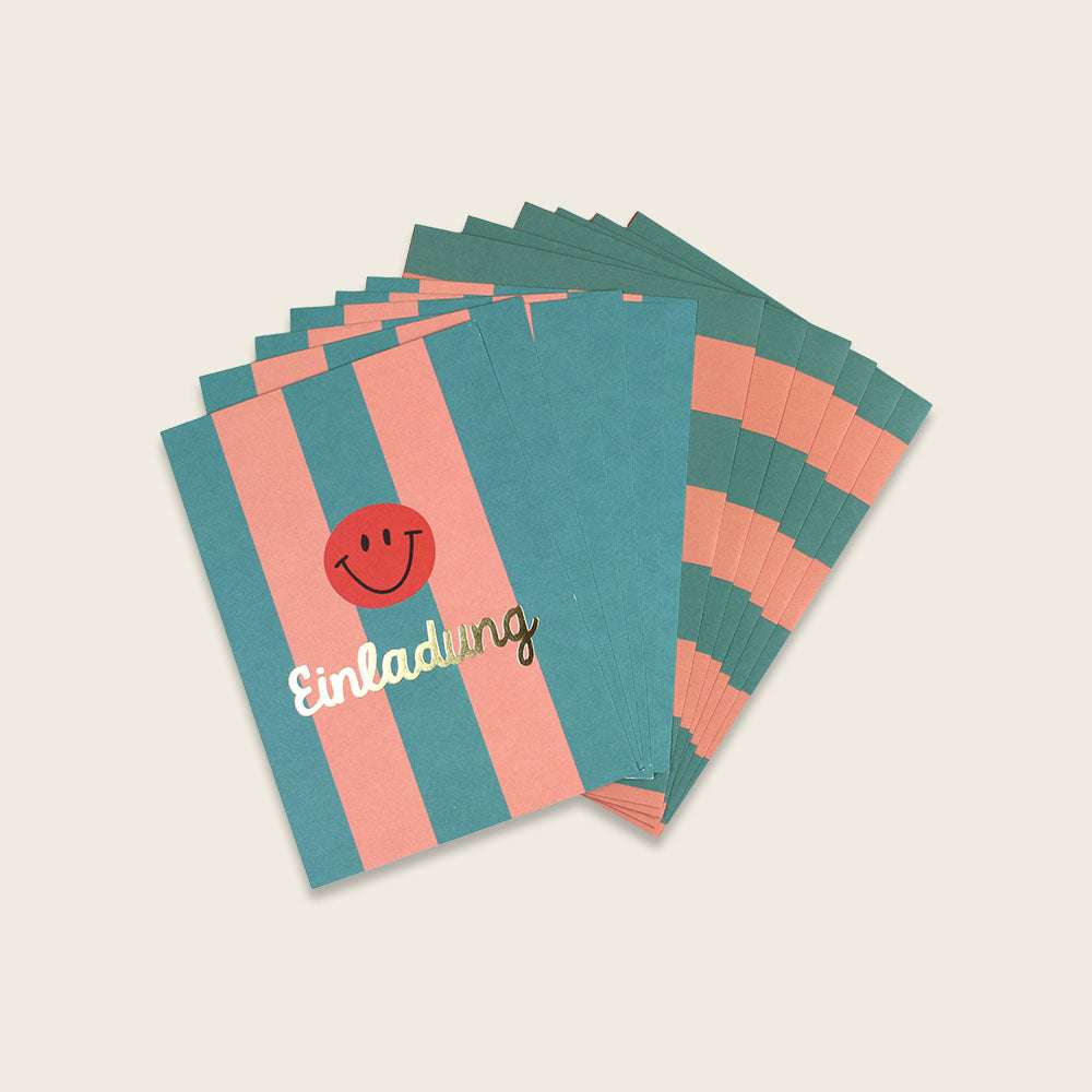 Einladungsset mit Goldfolie Stripes/ türkis/lachs/koralle