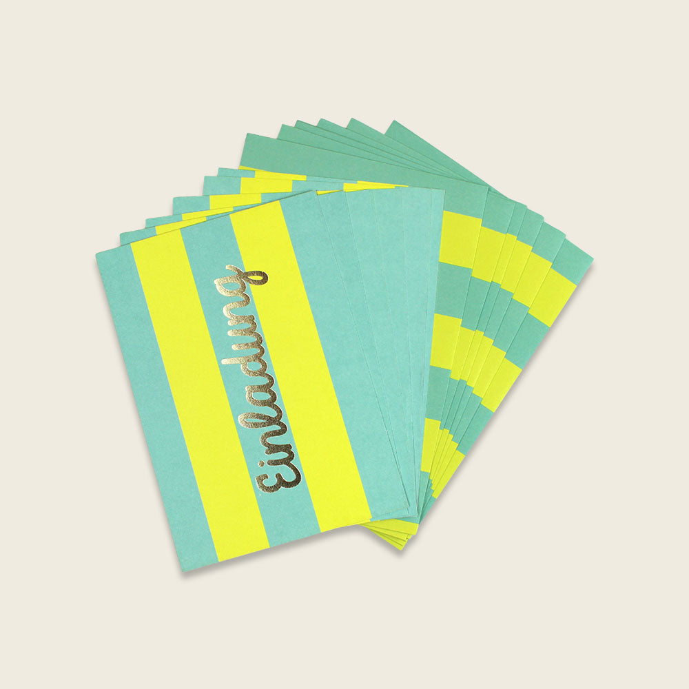 Einladungsset mit Goldfolie Stripes/ mint/gelb