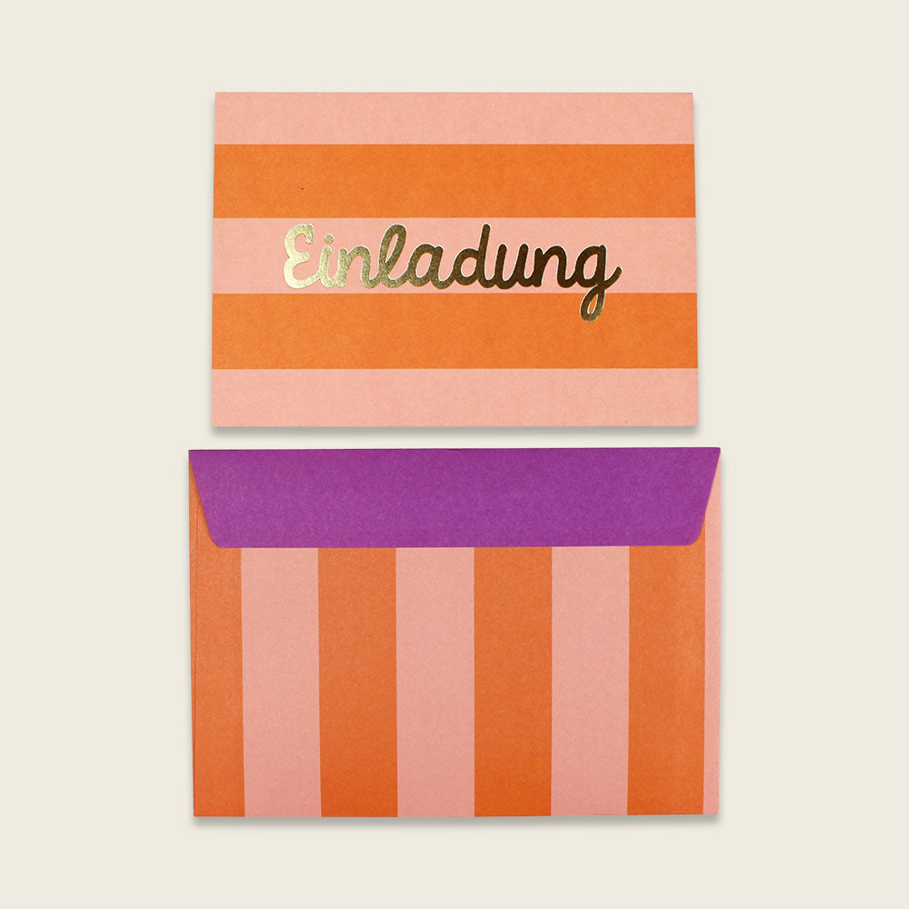 Einladungsset mit Goldfolie Stripes/ orange/rosa